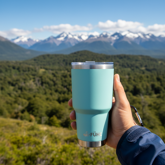 Botella FÜHL celeste en cerro del sur de Chile