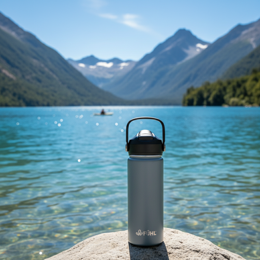 Botella FÜHL gris en lago del sur de Chile con kayakista