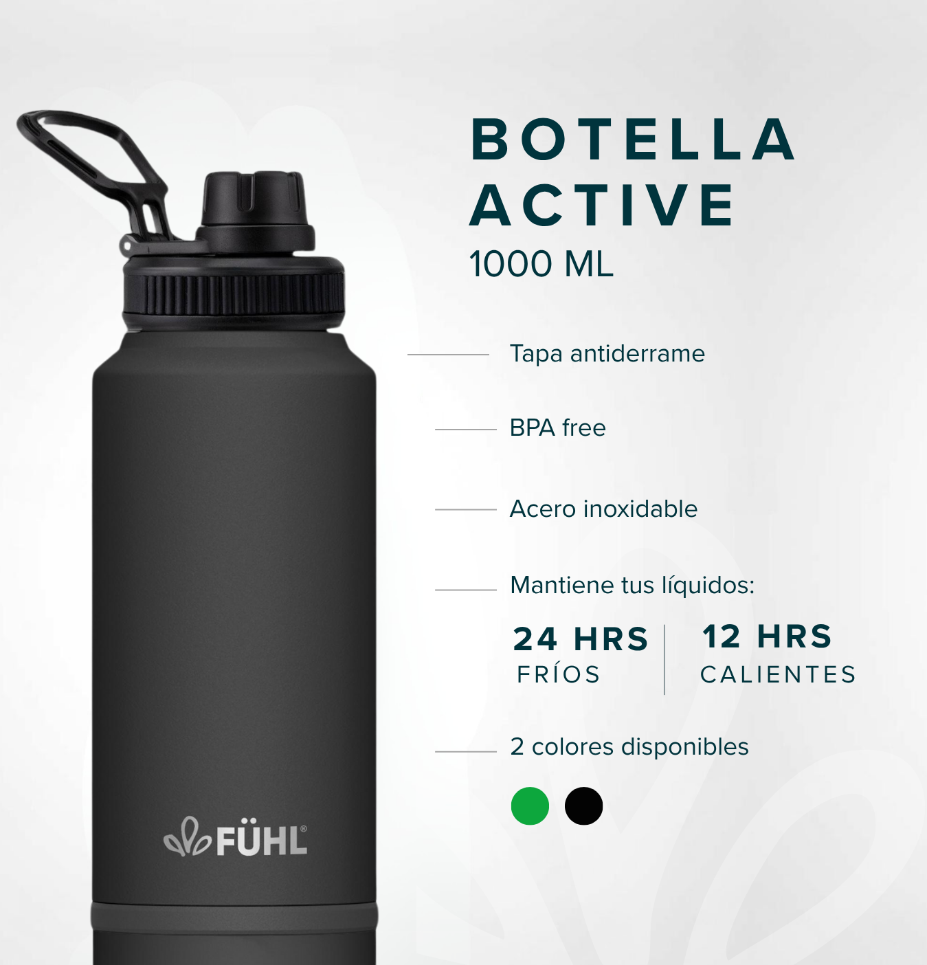 Botella Active 1000ml Tapa Regular - Negro