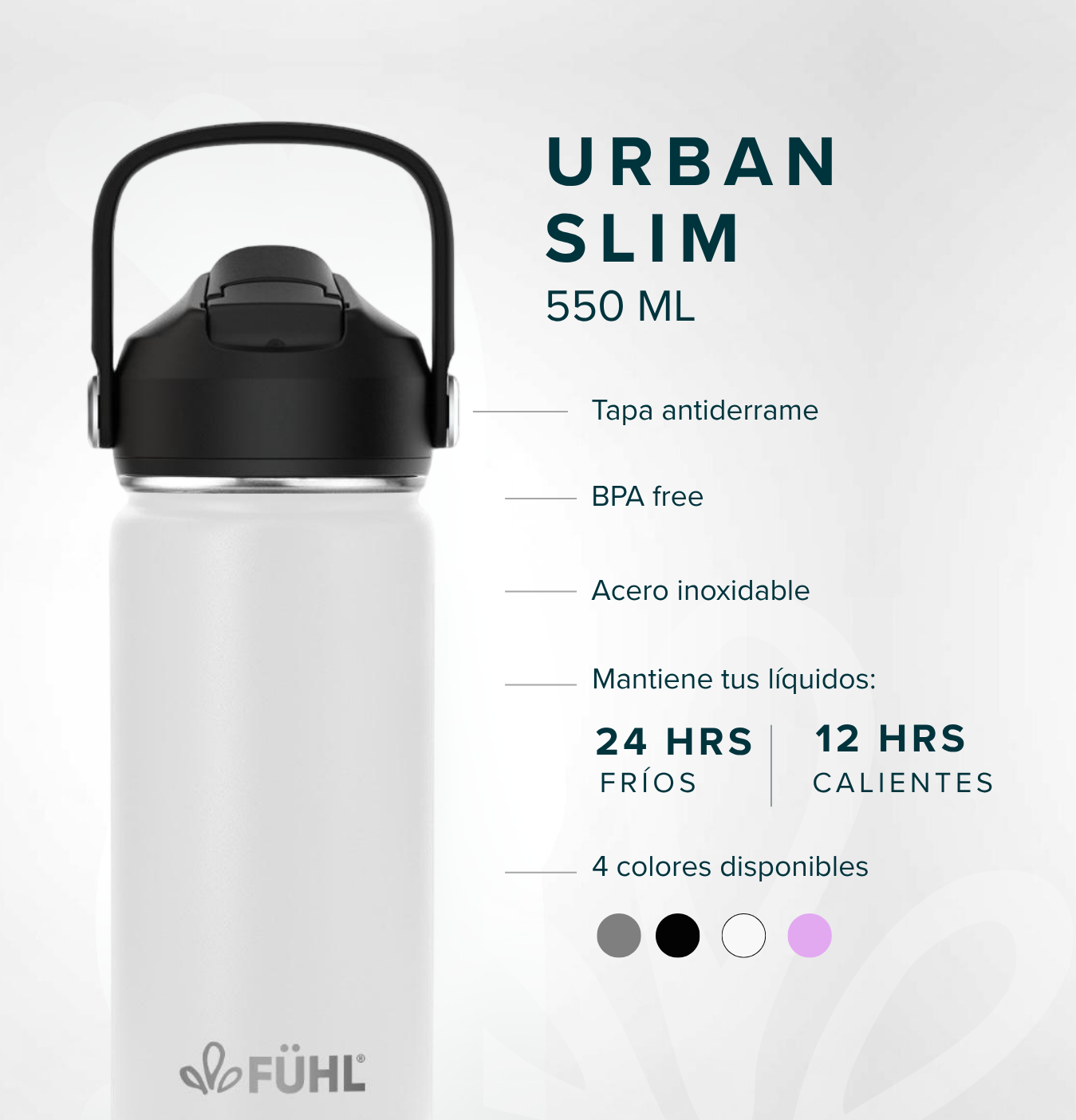 Botella Térmica Urban Slim 550ml Tapa Bombilla - Blanco