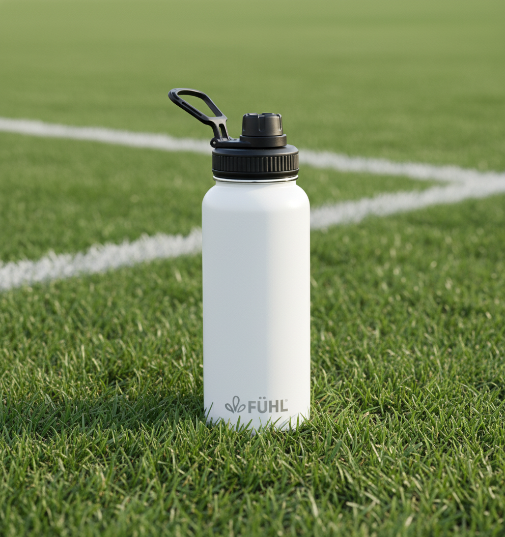 Botella FÜHL blanca en cancha de fútbol con pasto natural