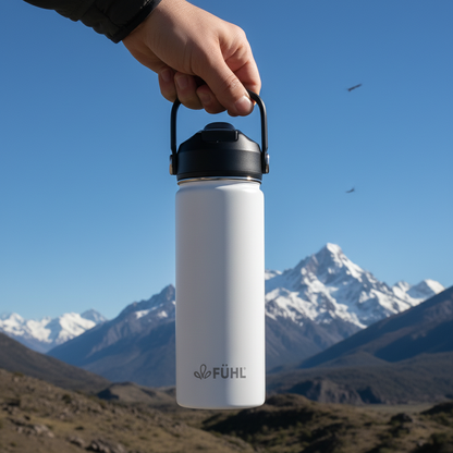 Botella FÜHL blanca en la cordillera del sur de Chile con cóndor