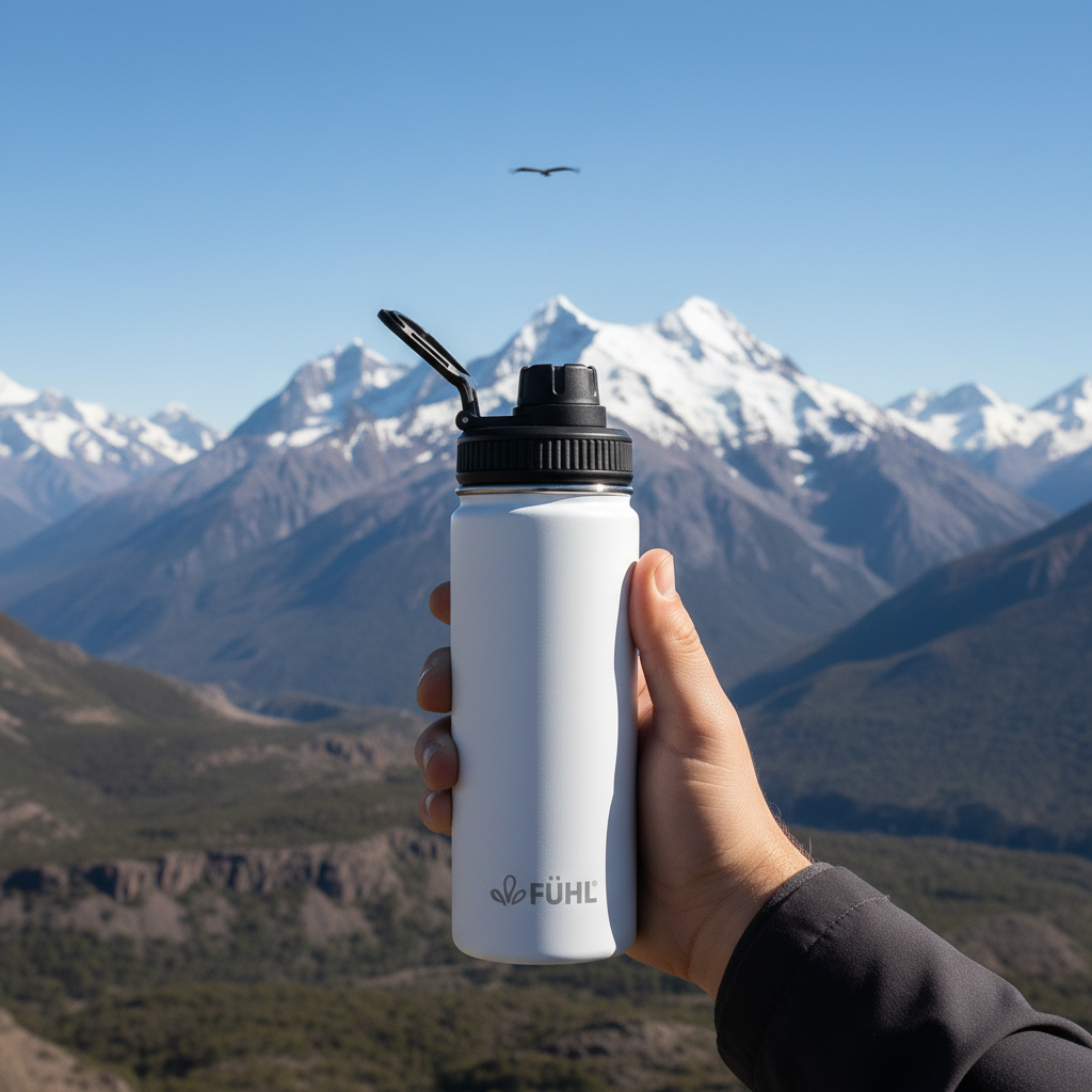 Botella FÜHL blanca en la cordillera del sur de Chile con cóndor