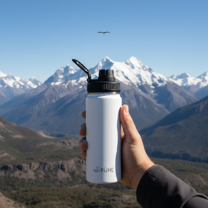 Botella FÜHL blanca en la cordillera del sur de Chile con cóndor