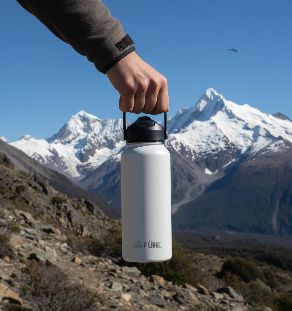 Botella FÜHL blanca en la cordillera del sur de Chile con cóndor