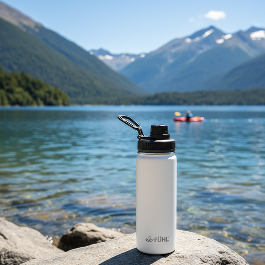 Botella FÜHL blanca en lago del sur de Chile con kayakista