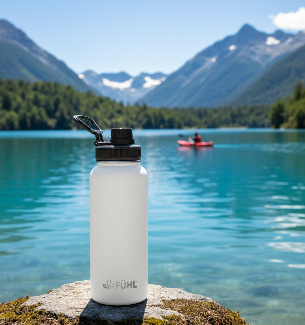 Botella FÜHL blanca en lago del sur de Chile con kayakista