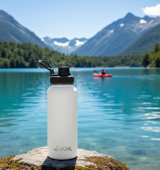 Botella FÜHL blanca en lago del sur de Chile con kayakista