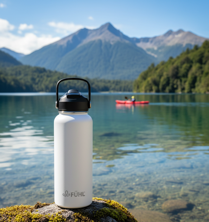Botella FÜHL blanca en lago del sur de Chile con kayakista