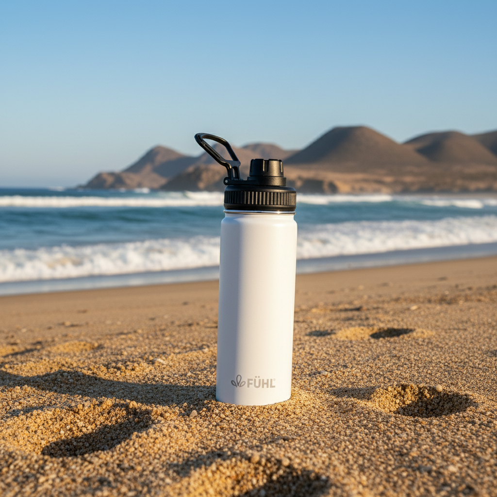 Botella FÜHL blanca en playa de la zona centro norte de Chile