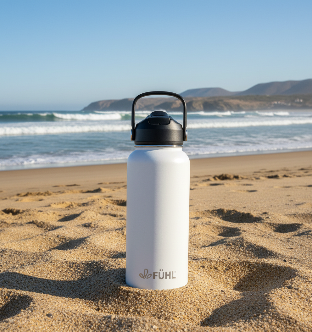 Botella FÜHL blanca en playa de la zona centro norte de Chile
