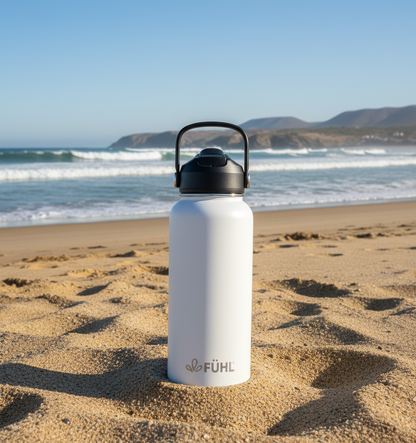 Botella FÜHL blanca en playa de la zona centro norte de Chile