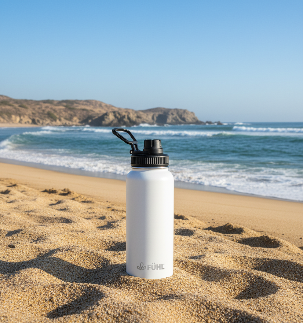 Botella FÜHL blanca en playa de la zona centro norte de Chile