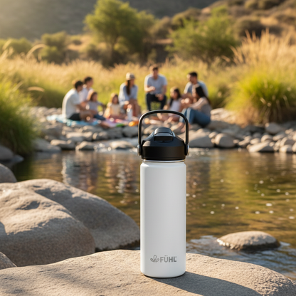 Botella FÜHL blanca en río de la zona centro de Chile