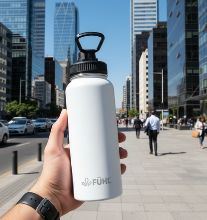 Botella FÜHL blanca en Sanhattan, Chile con tapa corregida