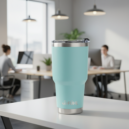 Botella FÜHL celeste en oficina moderna