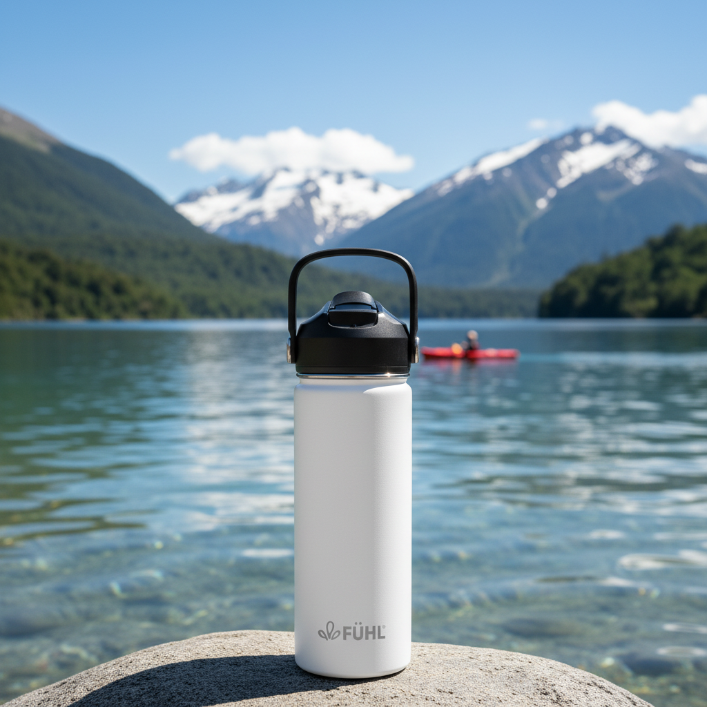 Botella FÜHL completamente blanca en lago del sur de Chile