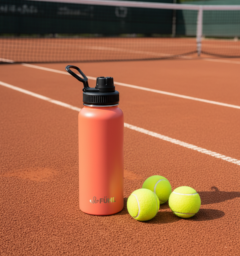 Botella FÜHL coral en cancha de tenis de arcilla con pelotas