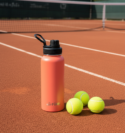 Botella FÜHL coral en cancha de tenis de arcilla con pelotas