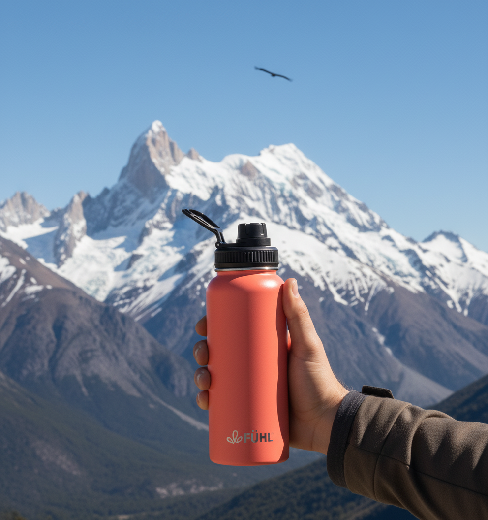 Botella FÜHL coral en la cordillera del sur de Chile con cóndor