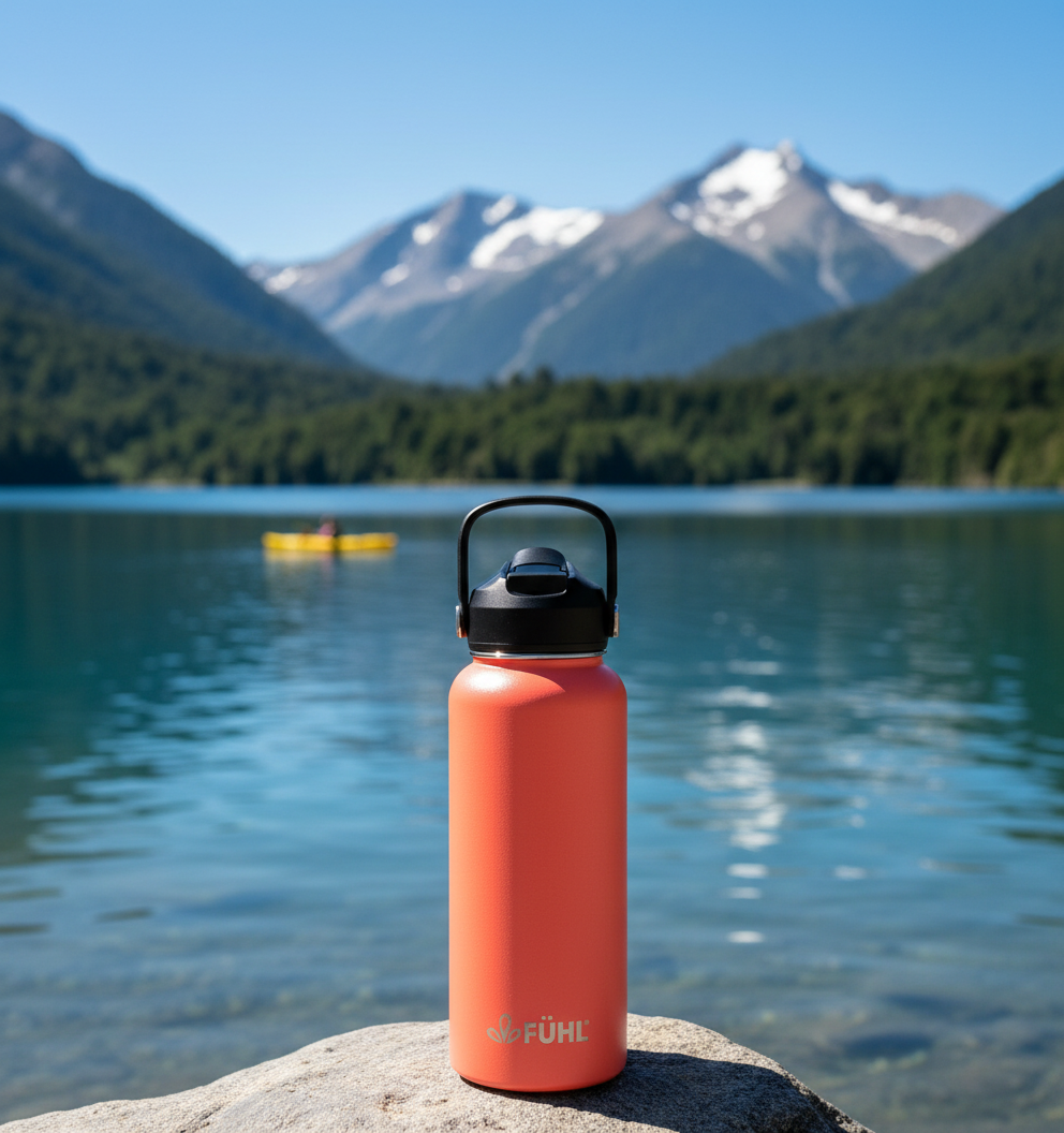 Botella FÜHL coral en lago del sur de Chile con kayakista