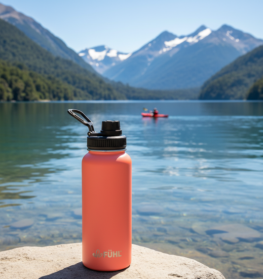 Botella FÜHL coral en lago del sur de Chile con kayakista