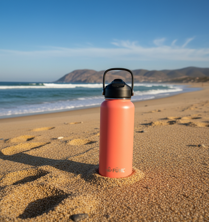 Botella FÜHL coral en playa de la zona centro norte de Chile