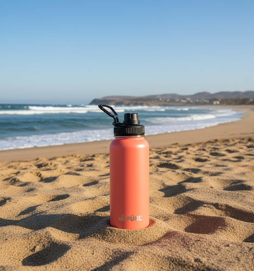 Botella FÜHL coral en playa de la zona centro norte de Chile