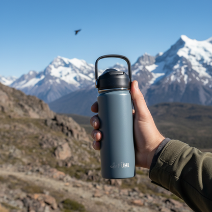 Botella FÜHL gris en la cordillera del sur de Chile con cóndor