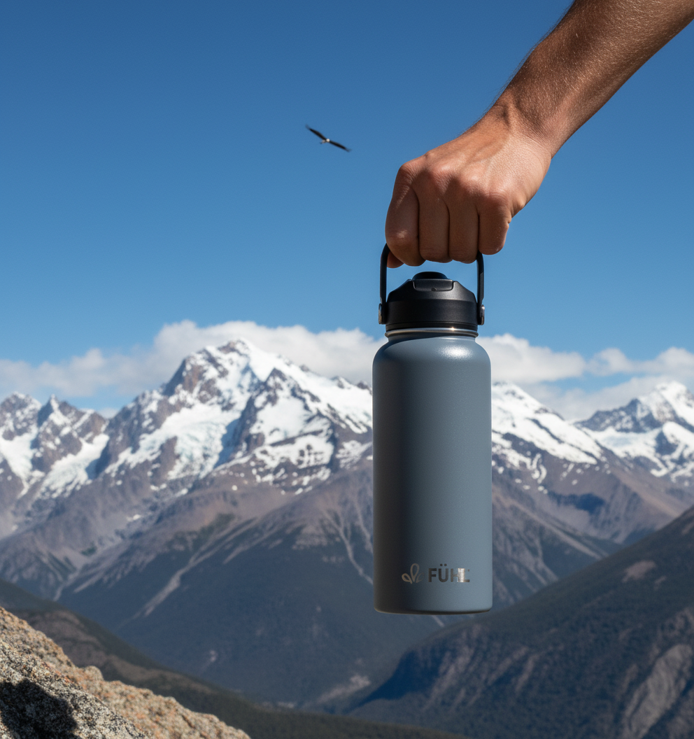 Botella FÜHL gris en la cordillera del sur de Chile con cóndor