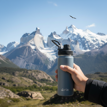 Botella FÜHL gris en la cordillera del sur de Chile con cóndor