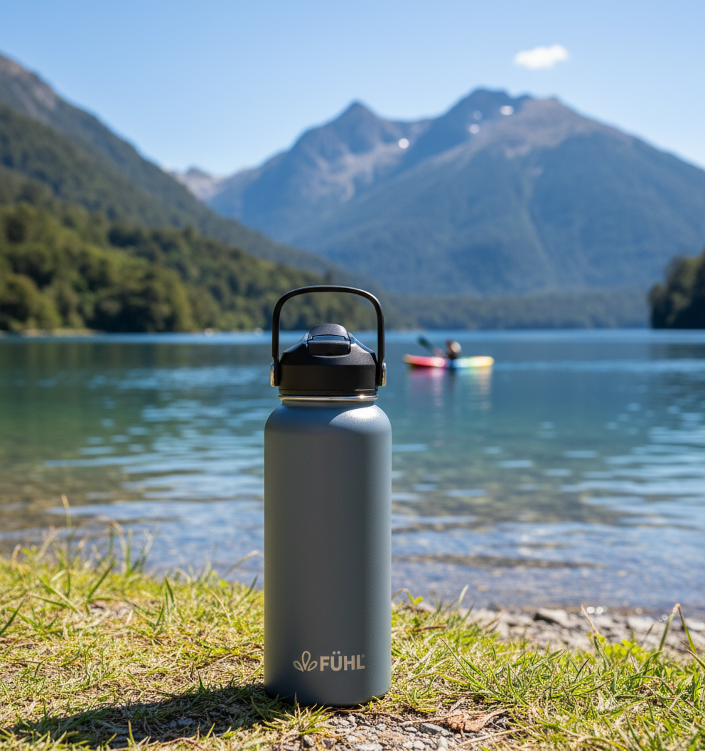 Botella FÜHL gris en lago del sur de Chile con kayakista