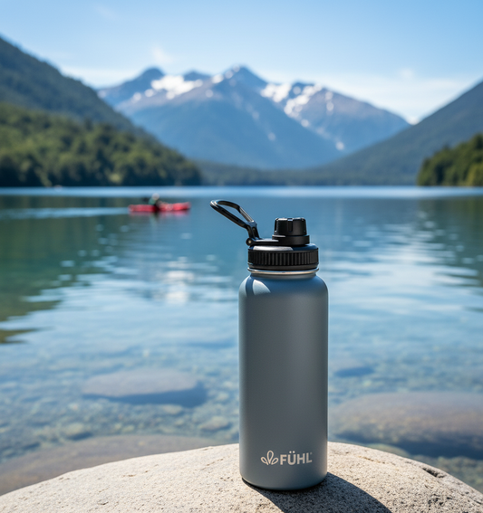 Botella FÜHL gris en lago del sur de Chile con kayakista
