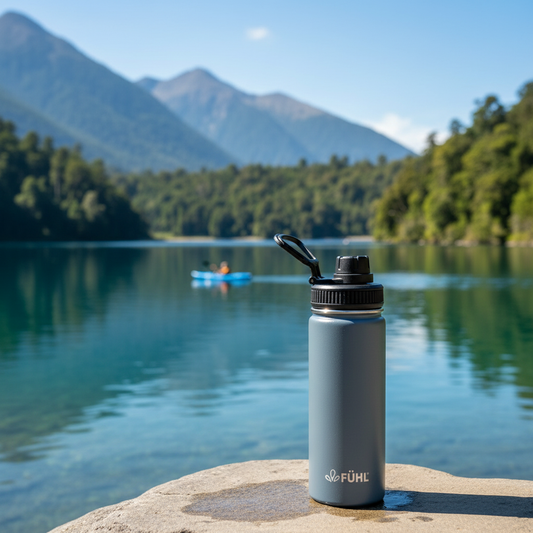 Botella FÜHL gris en lago del sur de Chile con kayakista