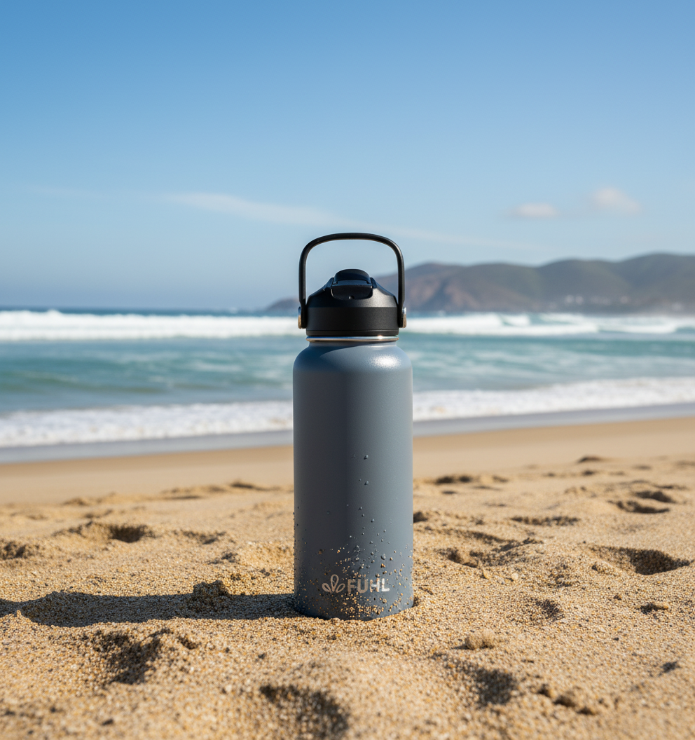 Botella FÜHL gris en playa de la zona centro norte de Chile