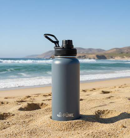 Botella FÜHL gris en playa de la zona centro norte de Chile