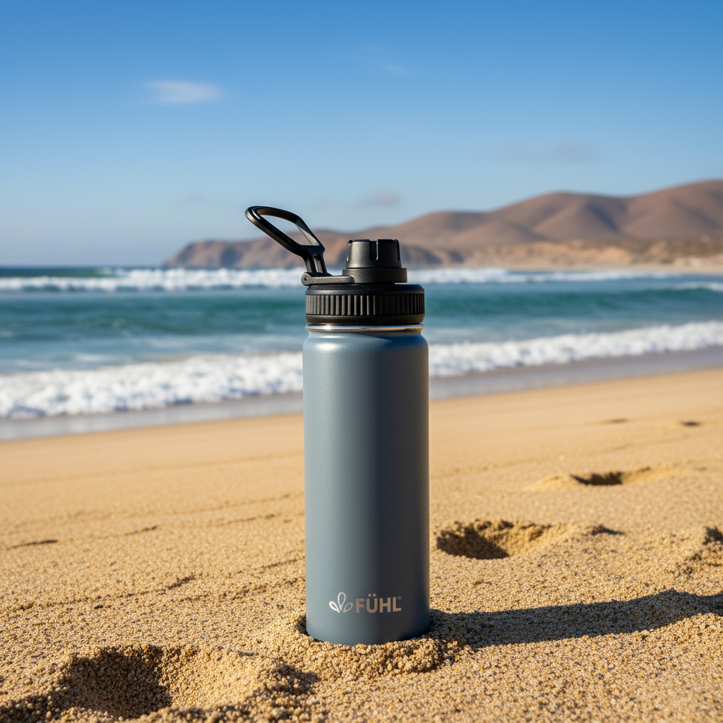 Botella FÜHL gris prolija en playa de la zona centro norte de Chile