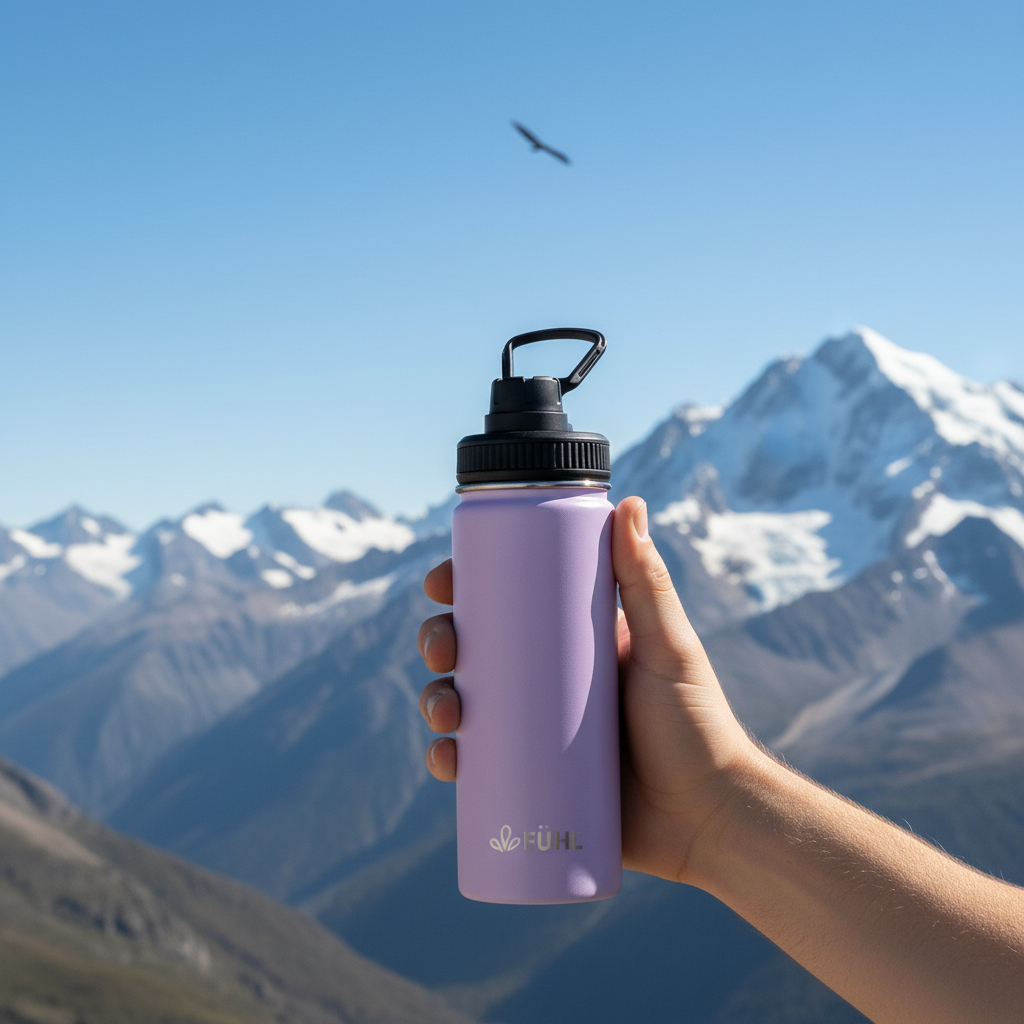 Botella FÜHL lila en la cordillera del sur de Chile con cóndor