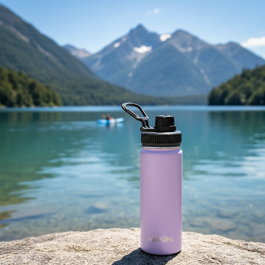 Botella FÜHL lila en lago del sur de Chile con kayakista