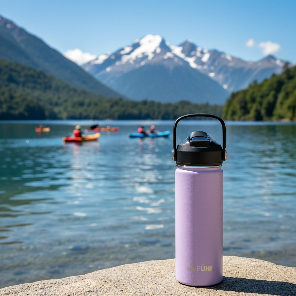 Botella FÜHL lila en lago del sur de Chile con kayakistas