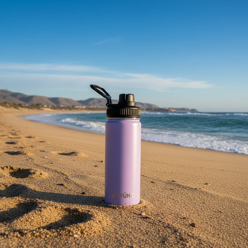 Botella FÜHL lila en playa de la zona centro norte de Chile