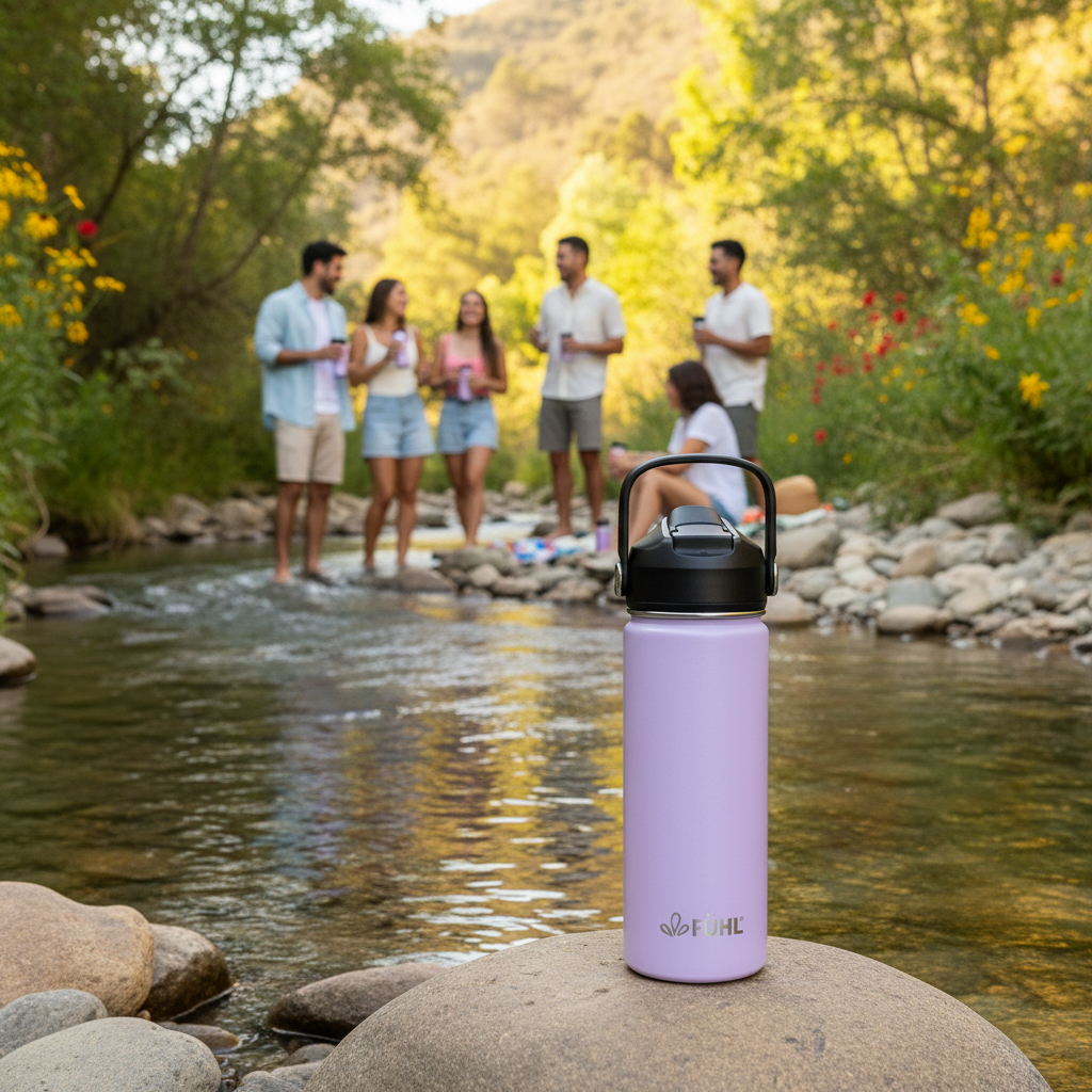 Botella FÜHL lila en río de la zona centro de Chile con grupo de personas