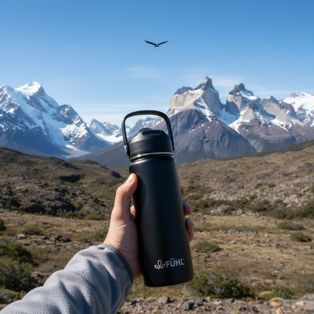Botella FÜHL negra en la cordillera del sur de Chile con cóndor