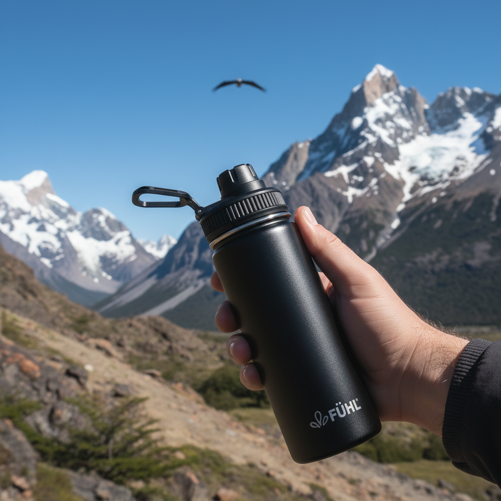 Botella FÜHL negra en la cordillera del sur de Chile con cóndor