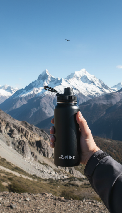 Botella FÜHL negra en la cordillera del sur de Chile con cóndor
