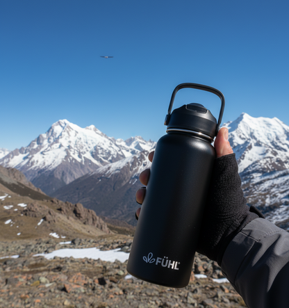 Botella FÜHL negra en la cordillera del sur de Chile con cóndor