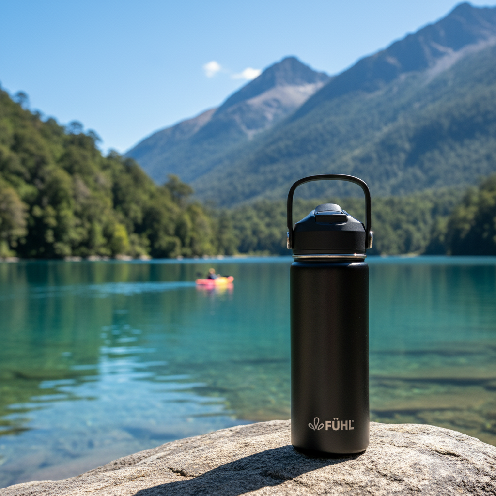 Botella FÜHL negra en lago del sur de Chile con kayakista