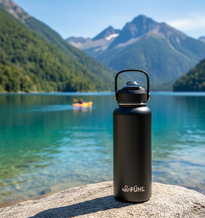 Botella FÜHL negra en lago del sur de Chile con kayakista