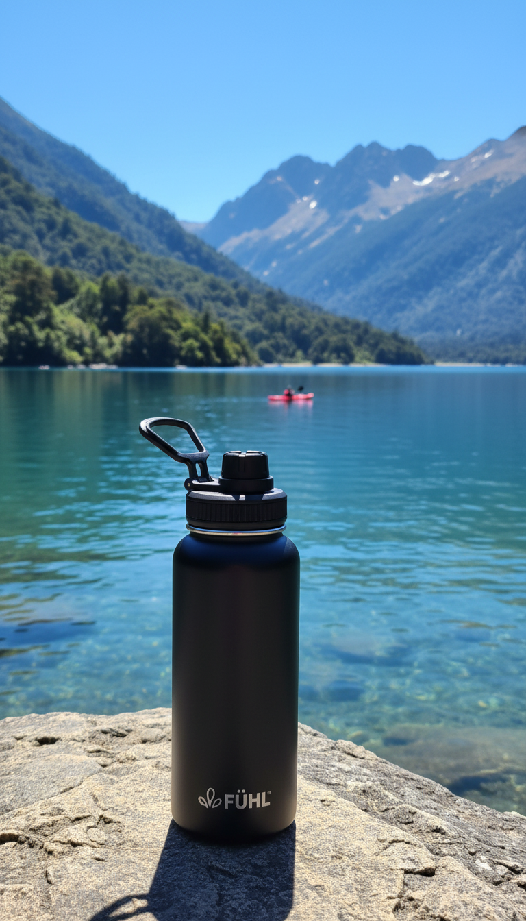 Botella FÜHL negra en lago del sur de Chile con kayakista