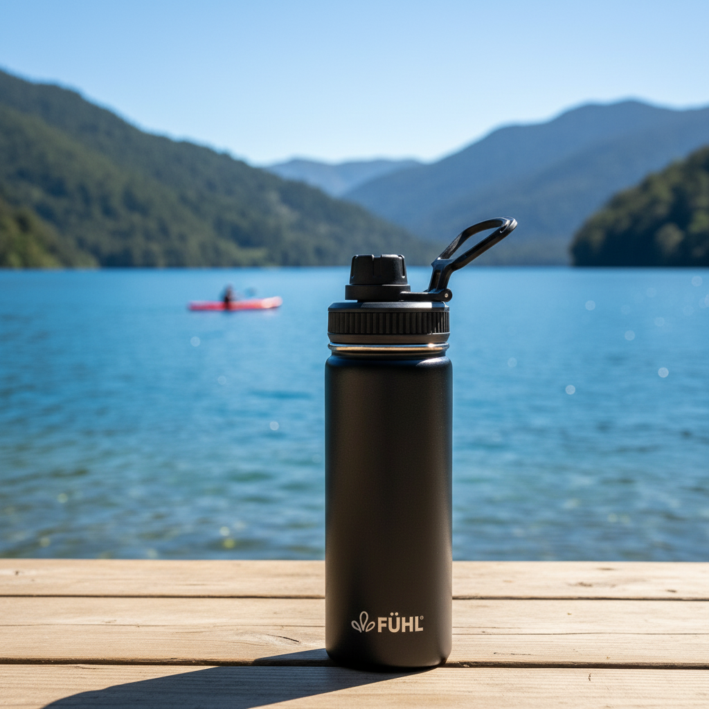 Botella FÜHL negra en lago del sur de Chile con kayakista